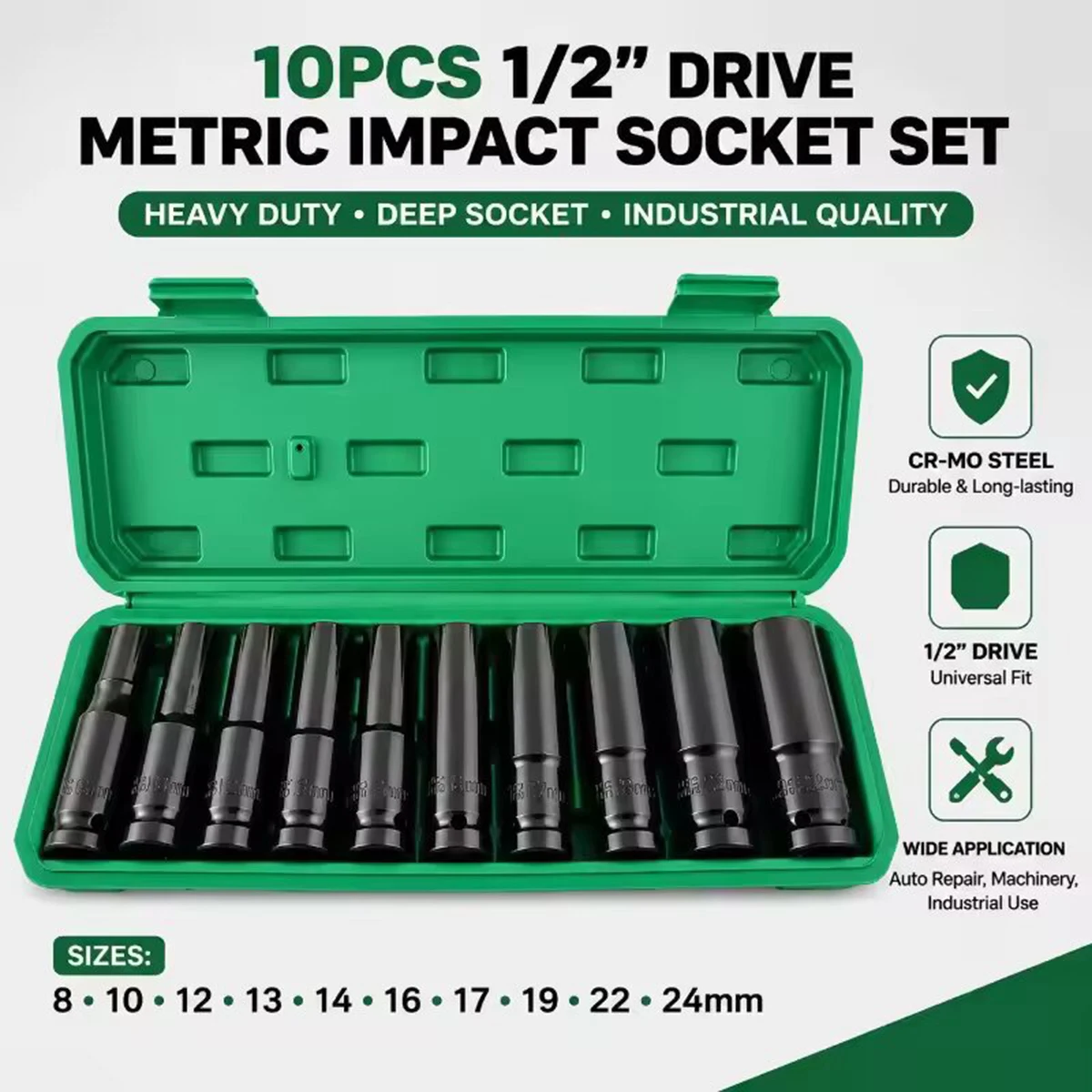 Pneumatic Impact Wrench - 10Pcs 1/2 Inch Drive Metric Deep